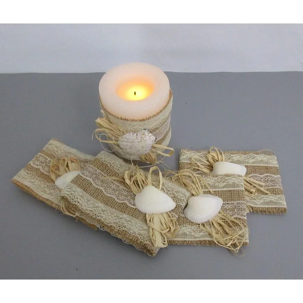 Beach Wedding/Party/Decor Rustic Candle Wraps Burlap Lace Raffia Shell Set of 5